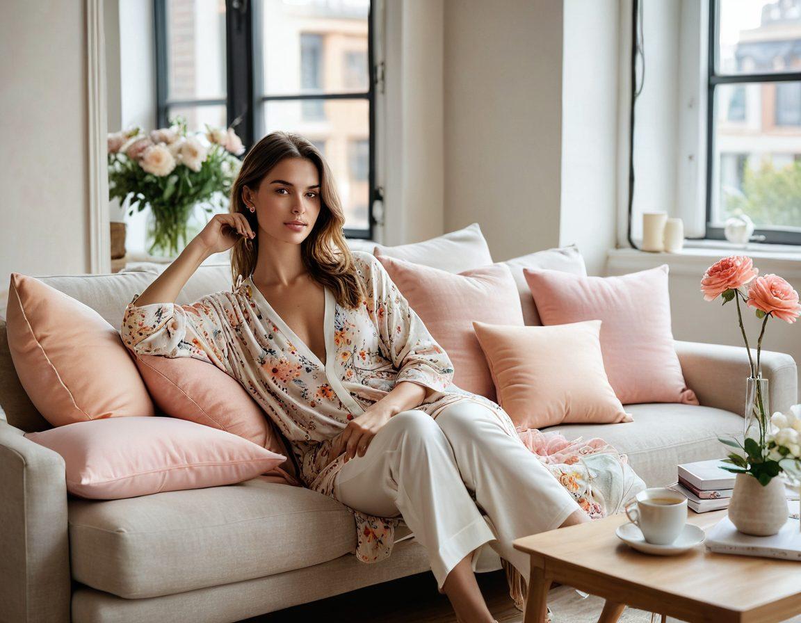 A stylish woman lounging in a cozy, modern living space, showcasing a blend of intimate apparel and chic loungewear, surrounded by pastel-colored cushions and soft fabrics. A window with sunlight streaming in, flowers on a coffee table, and fashion sketches on the wall to emphasize creativity in feminine fashion. The overall mood is relaxed and empowering. soft focus. vibrant colors. modern aesthetics.